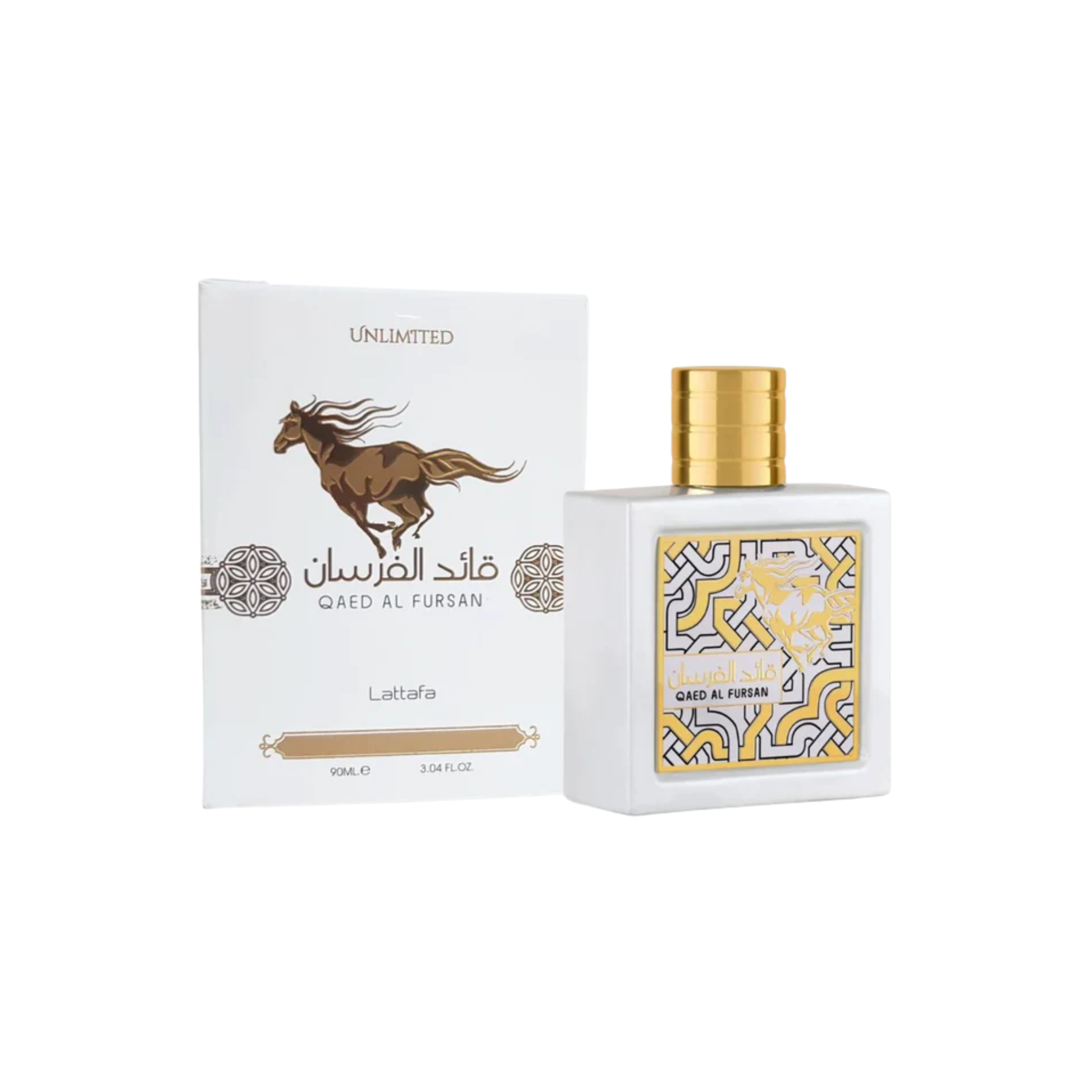 perfume de marca lattafa, contiene 90 ml y su empaque es de color blanco con dorado, es un perfume para mujer