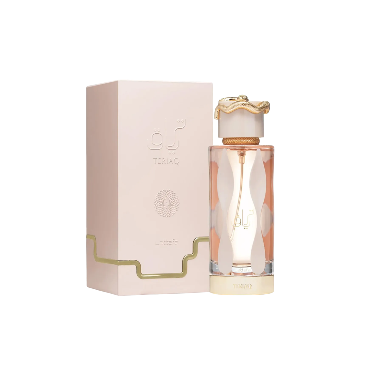 perfume de marca lattafa, contiene 100 ml y su empaque es de color rosado con dorado, es un perfume para mujer