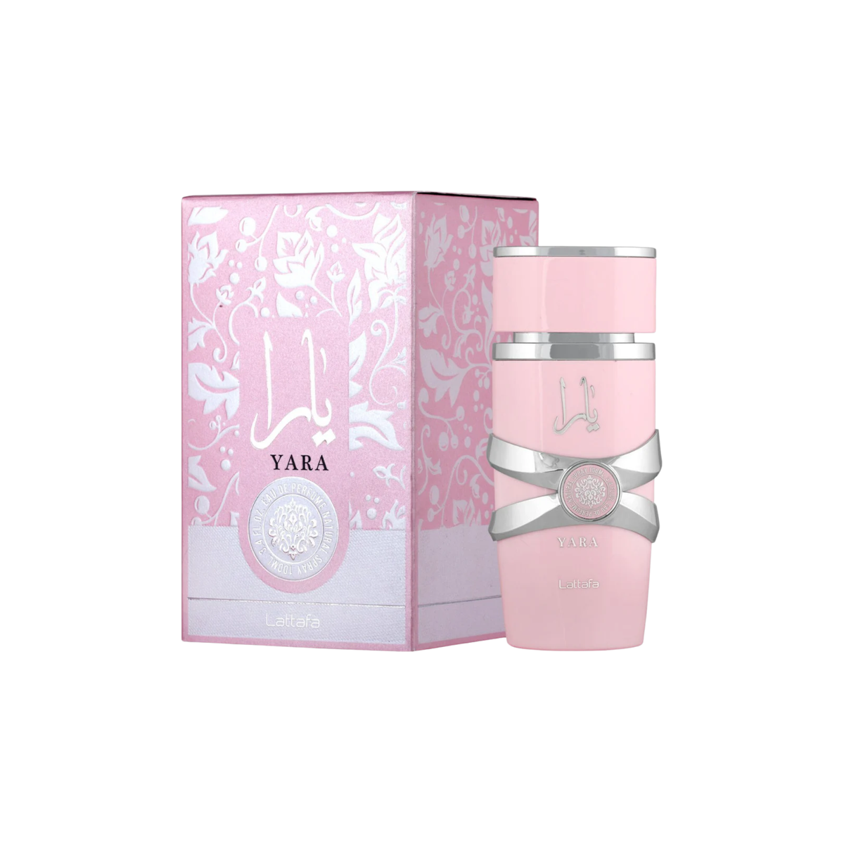 perfume de marca lattafa, contiene 100 ml y su empaque es de color rosado con plateado, es un perfume para mujer