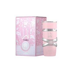 perfume de marca lattafa, contiene 100 ml y su empaque es de color rosado con plateado, es un perfume para mujer