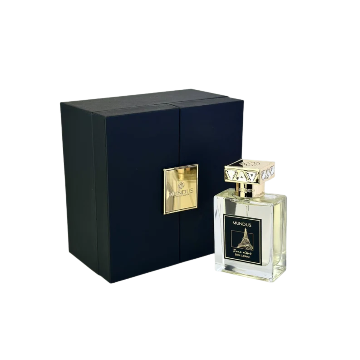 perfume de marca mudus, contiene 50 ml y su empaque es de color negro, es un perfume unisex
