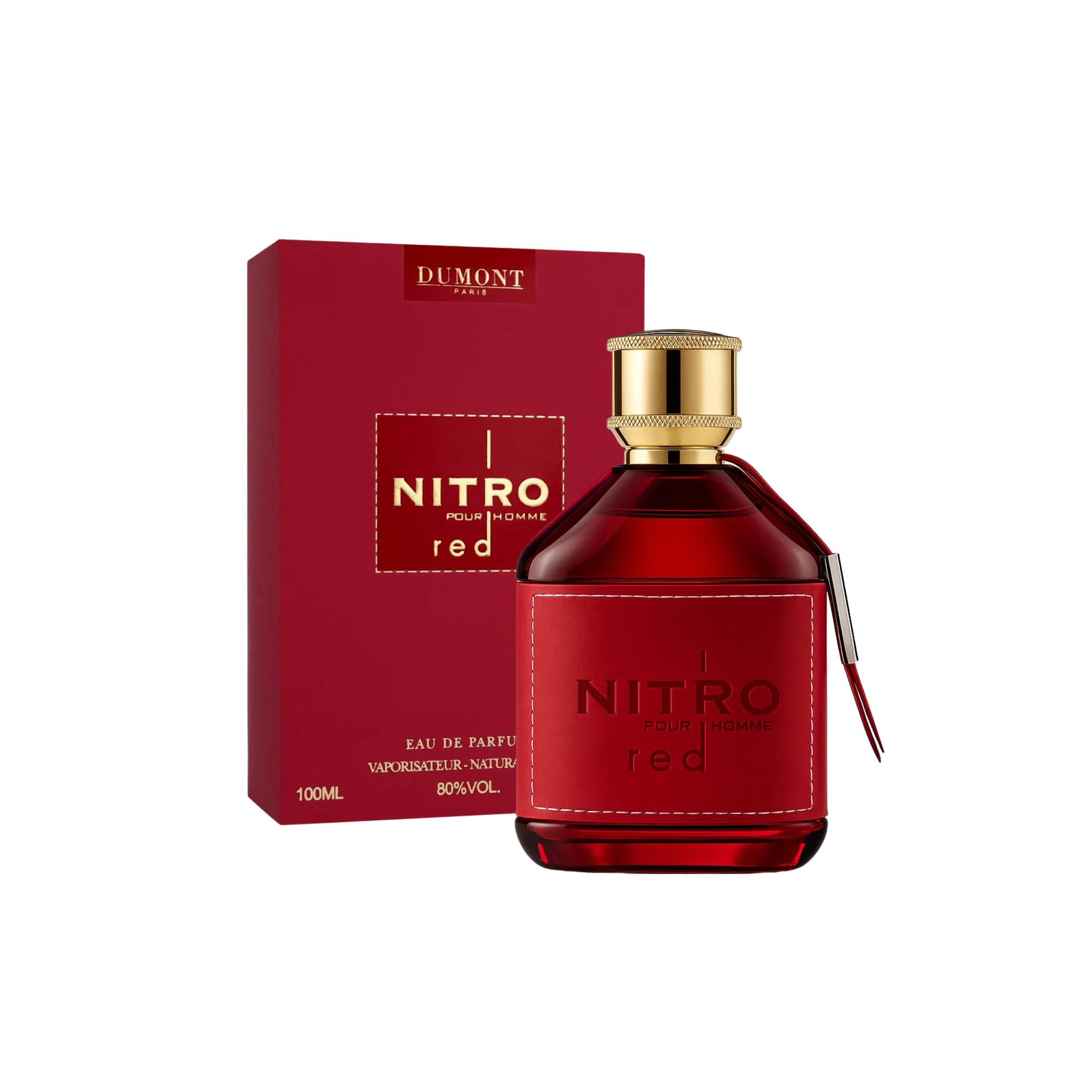 perfume de marca dumont, contiene 100 ml y su empaque es de color rojo con dorado, es un perfume para hombre