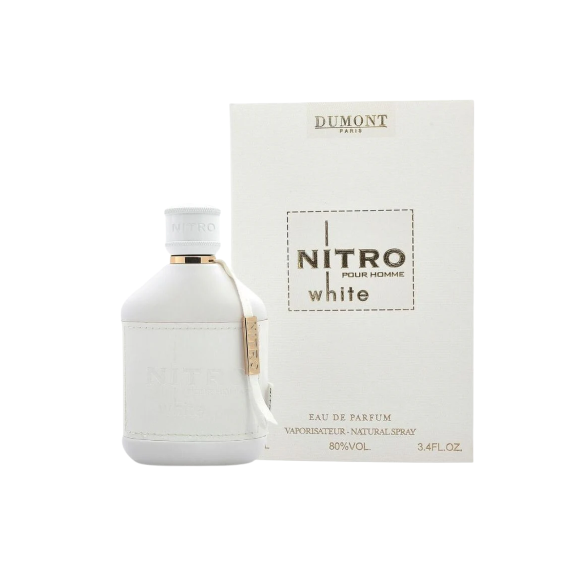 perfume de marca dumont, contiene 100 ml y su empaque es de color blanco con dorado, es un perfume para hombre