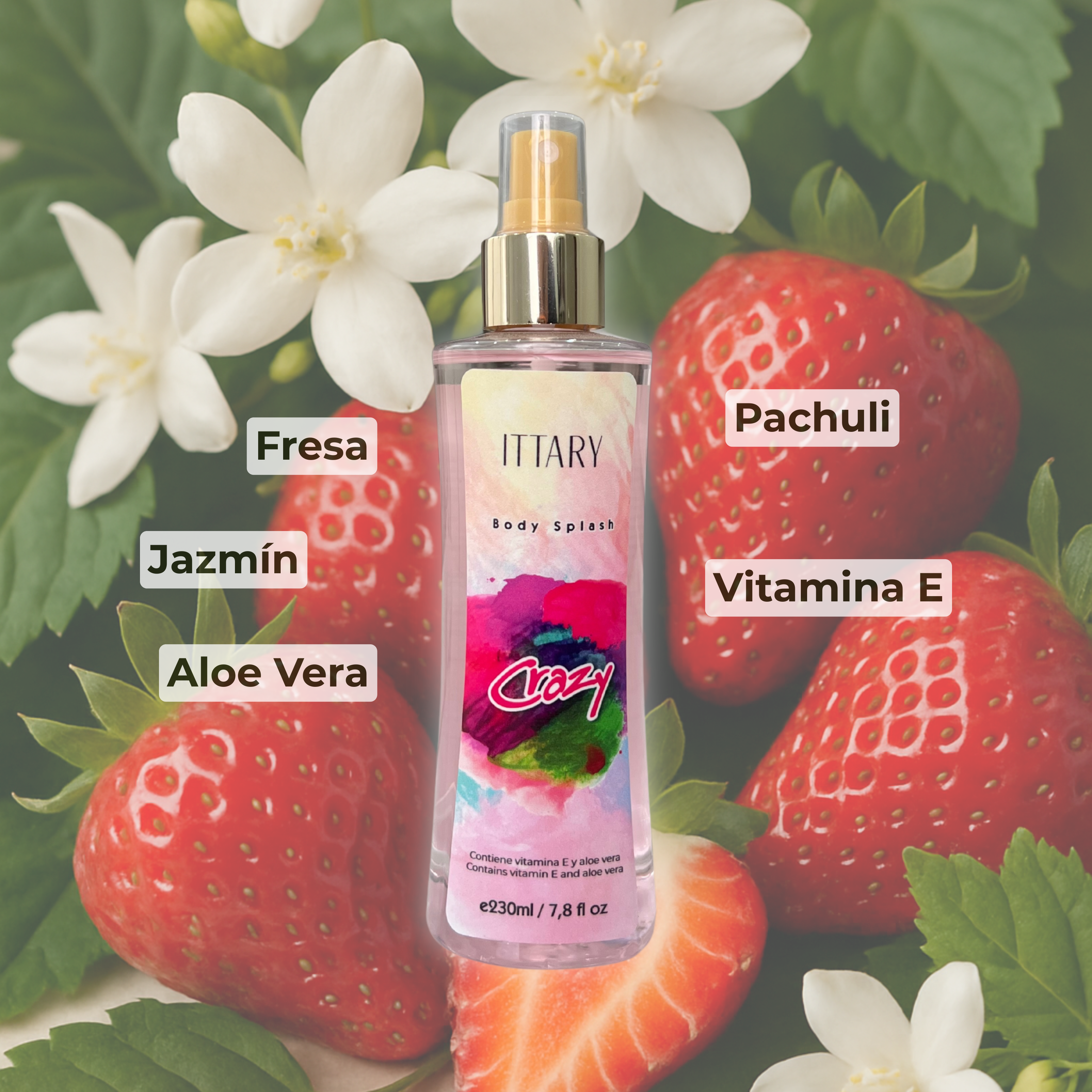 Body splash marca ittary con aroma floral frutal de color rosado con fucsia de 230 ml para mujer