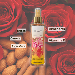 Body splash marca ittary con aroma floral frutal de color amarillo con fucsia de 230 ml para mujer