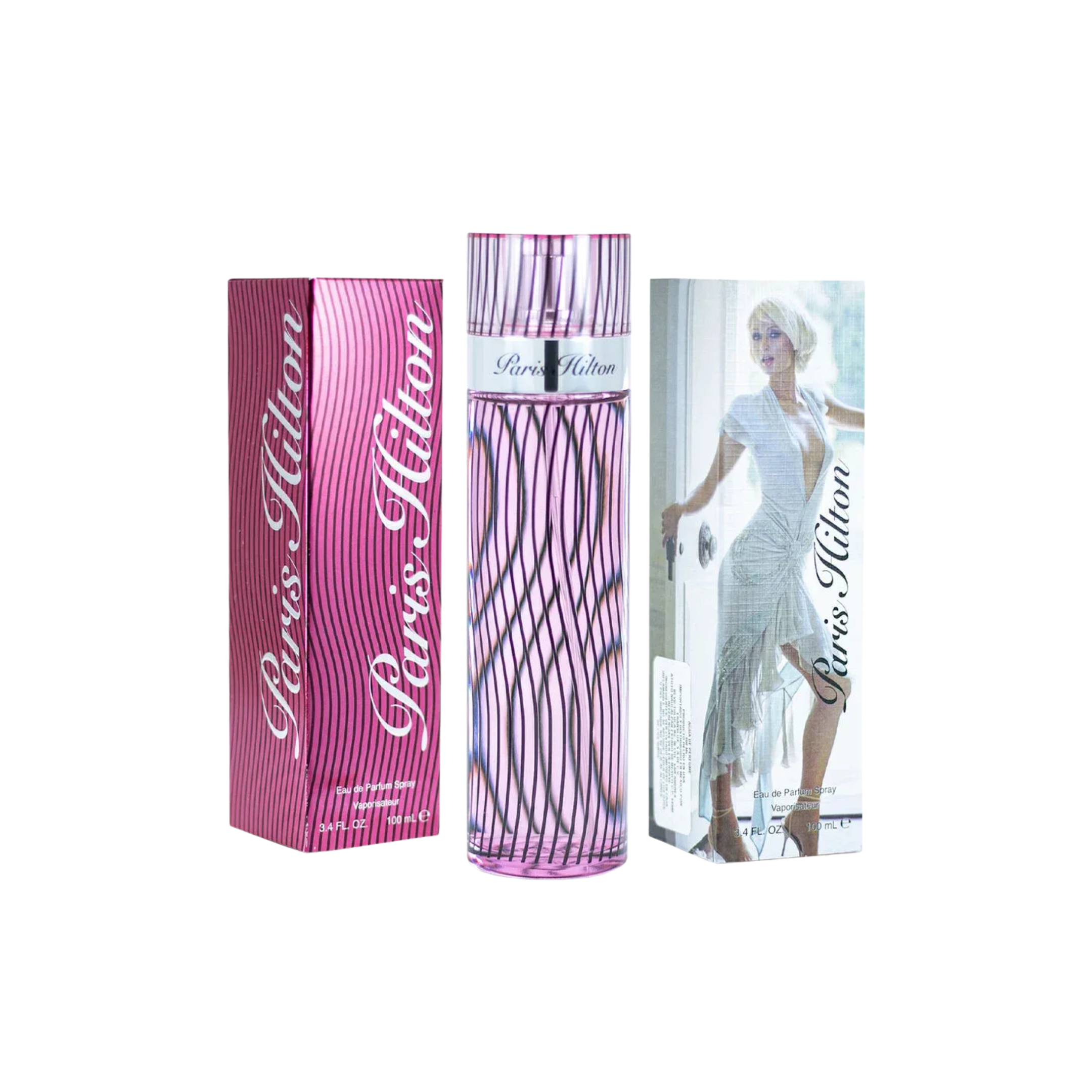 perfume de marca paris hilton, contiene 100 ml y su empaque es de color rosado, es un perfume para mujer

