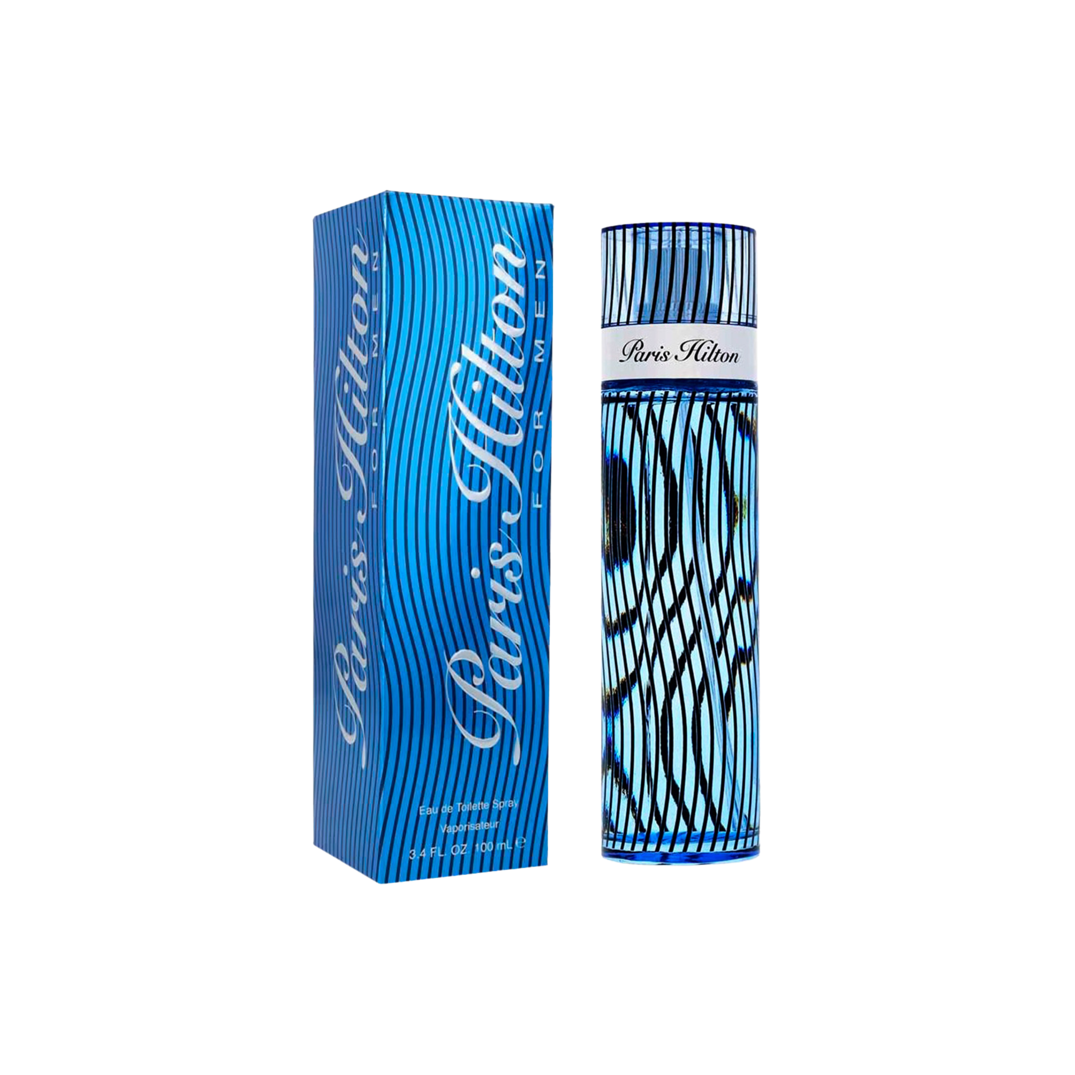 perfume de marca paris hilton, contiene 100 ml y su empaque es de color azul, es un perfume para hombre

