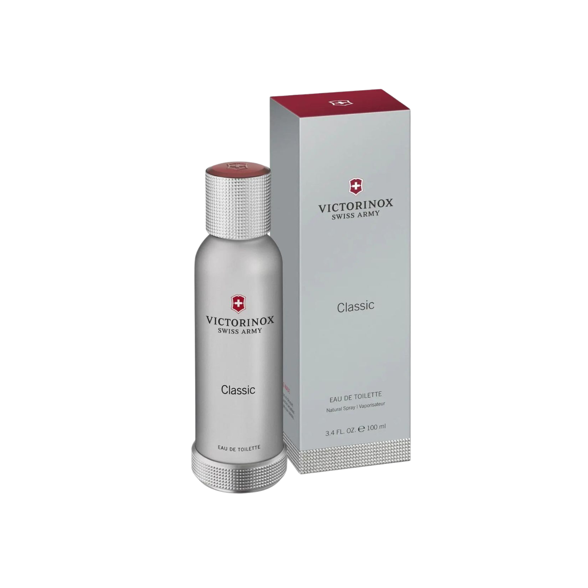 perfume de marca victorinox, contiene 100 ml y su empaque es de color plateado con rojo, es un perfume para hombre