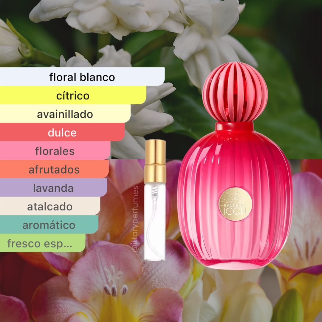 perfume de marca antonio banderas, contiene muestra de 5 ml , es un perfume para mujer
