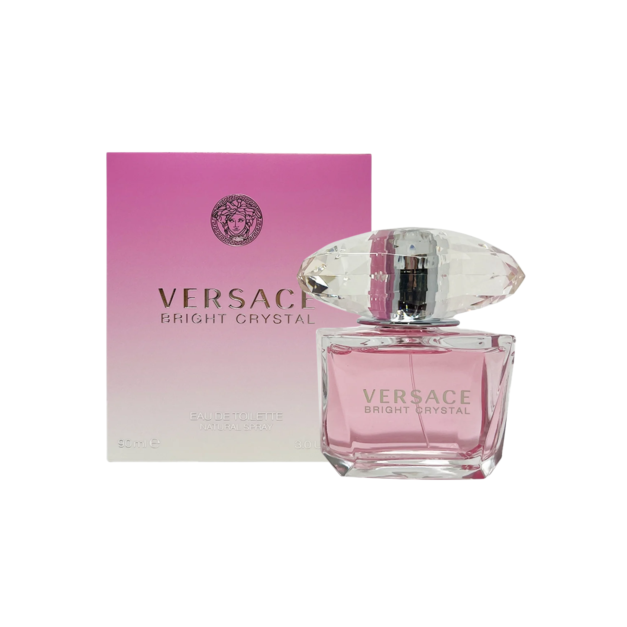 perfume de marca versace, contiene 90 ml y su empaque es de color rosado, es un perfume para mujer

