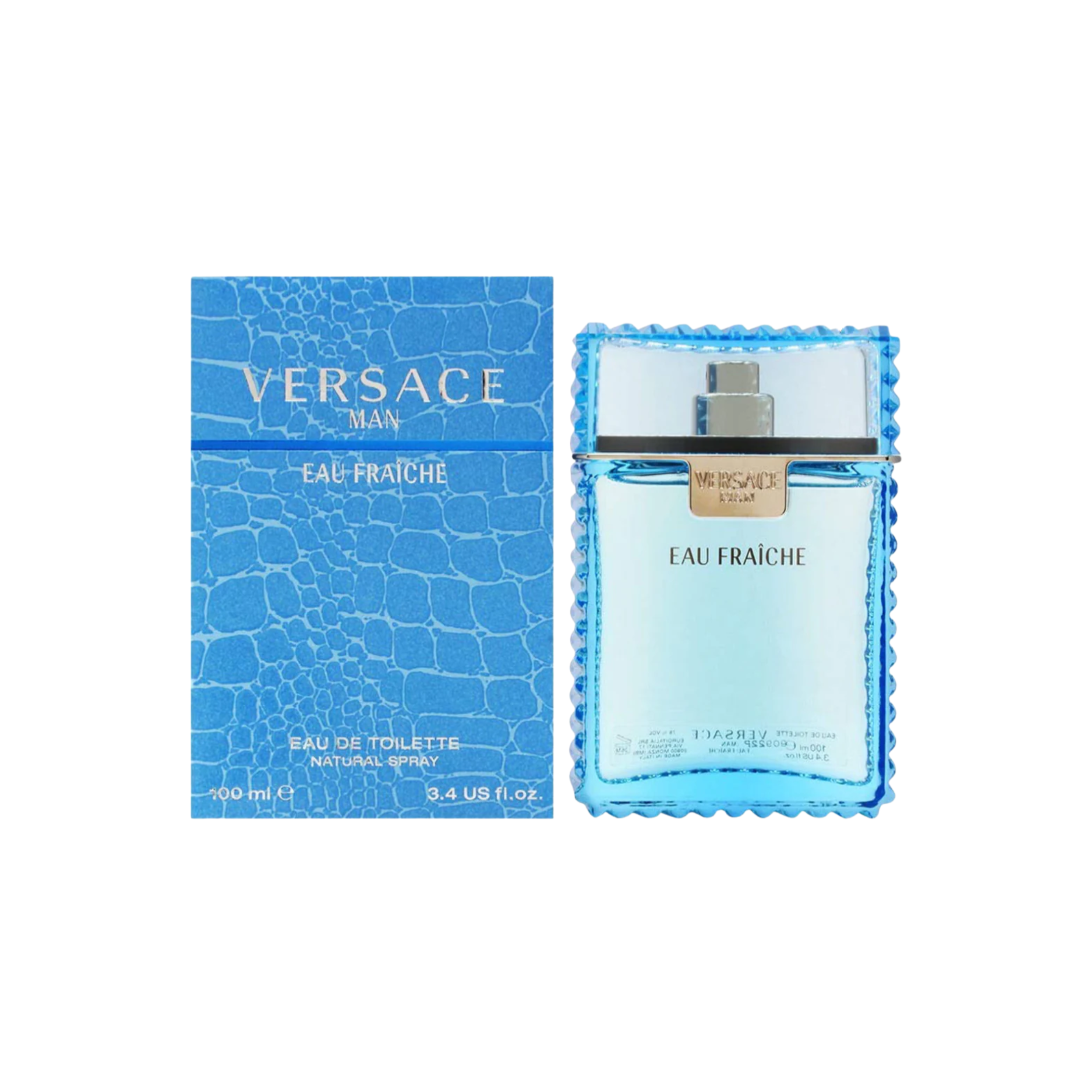 perfume de marca versace, contiene 100 ml y su empaque es de color azul, es un perfume para hombre
