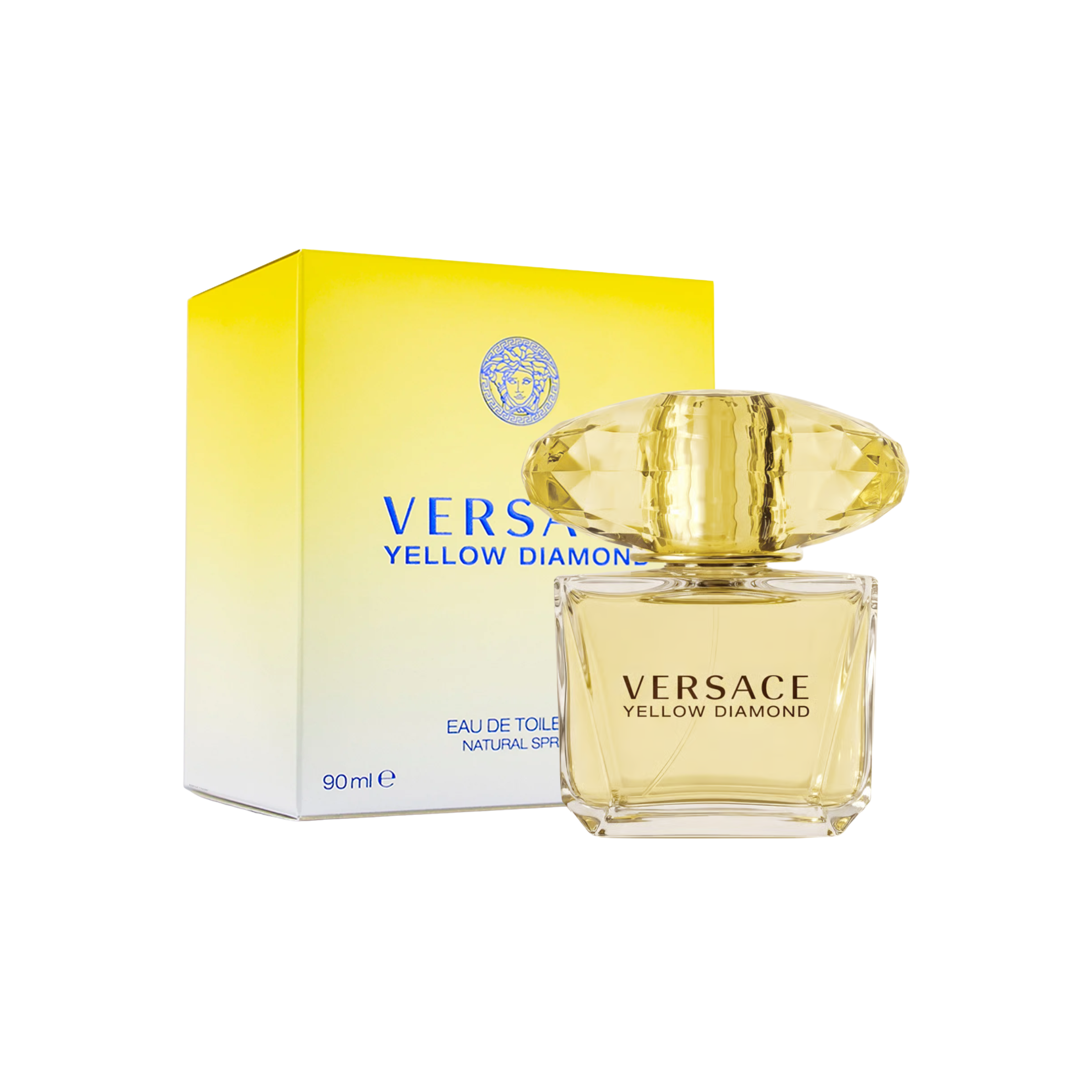 perfume de marca versace, contiene 90 ml y su empaque es de color amarillo, es un perfume para mujer
