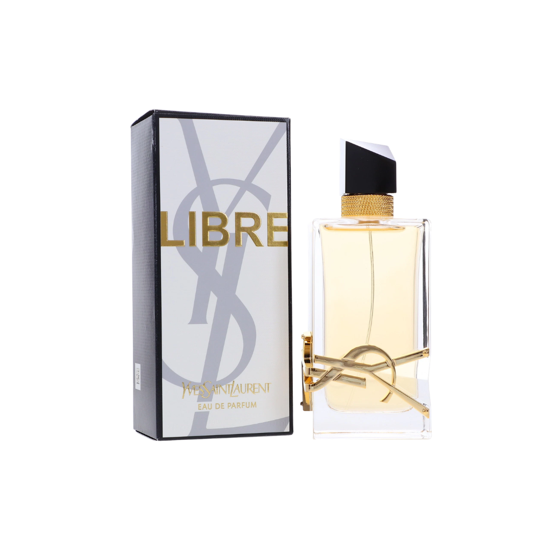 perfume de marca YSL, contiene 90 ml y su empaque es de color blanco y negro, es un perfume para mujer